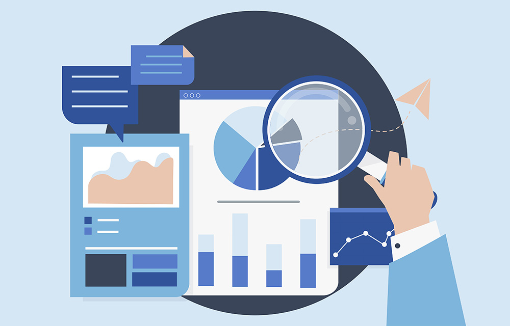 A magnifying glass is held on a graph containing data on market research to identify new business opportunities