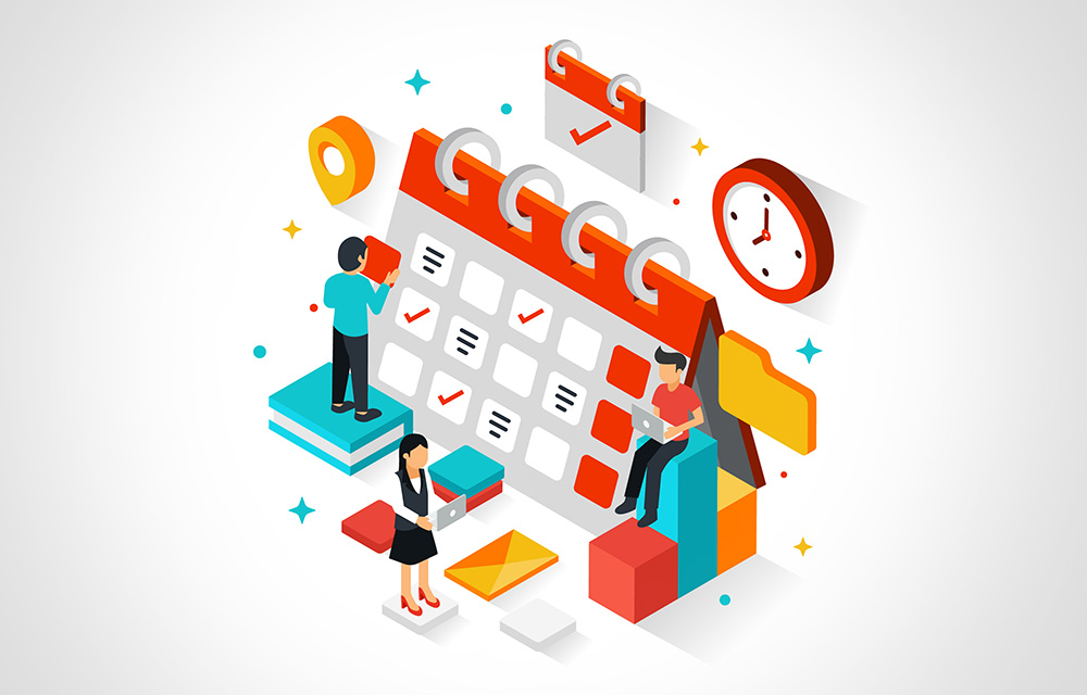The image shows three people using calendar management tips for optimal productivity
