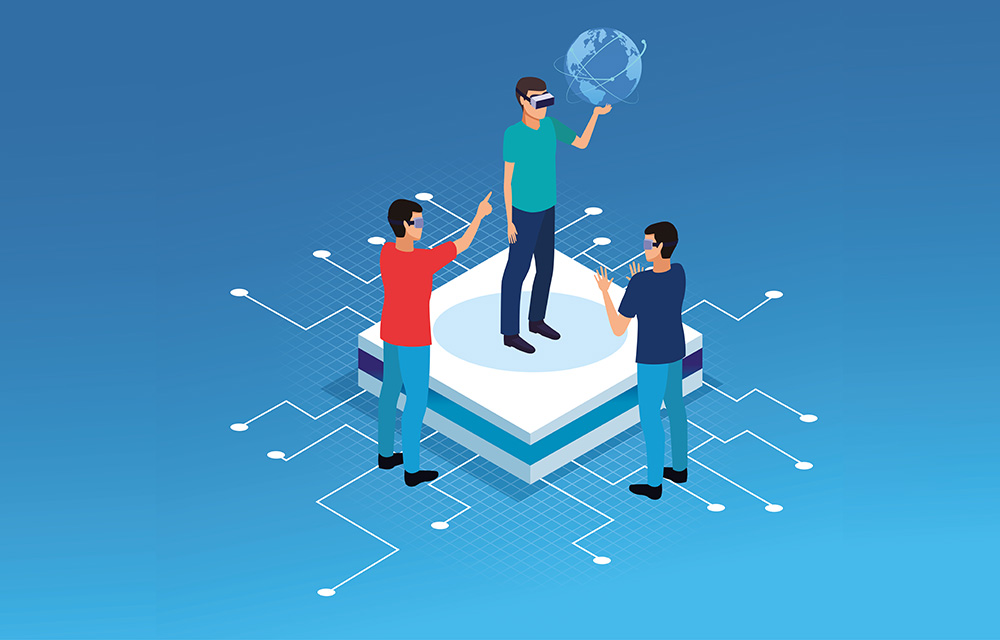 The image shows 3 people, out of which one is holding a globe with a Virtual reality device showing revolution in workplace The image shows 3 people, out of which one is holding a globe with a Virtual reality device showing revolution in workplace